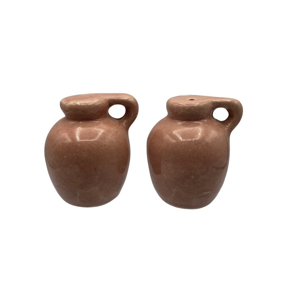 Vintage Ceramic Jug Salt & Pepper Shakers With Handle Pink Terra Cotta Color